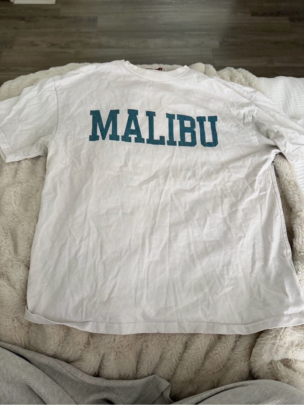 Brandy Melville White Tee with Teal 'MALIBU' Print (S/M)